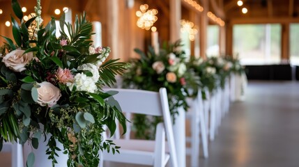 The wedding aisle is adorned with lush green and white floral decorations, adding a fresh and elegant touch to the vibrant and warmly lit ceremony venue.