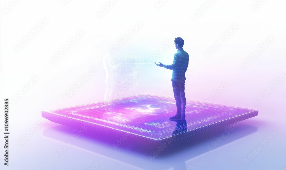 Poster man interacts with holographic data platform.