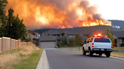 A calm suburban street with contemporary houses is thrown into chaos as a massive wildfire engulfs the forest, creating a dramatic scene of nature's fury.