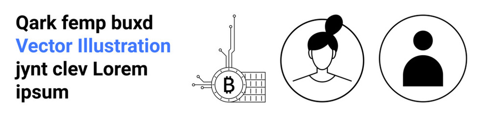 Bitcoin symbol with circuitry, female face with hair bun in a circular frame, and user avatar. Ideal for cryptocurrency, fintech, user profiles, social media, branding, digital identities, and web