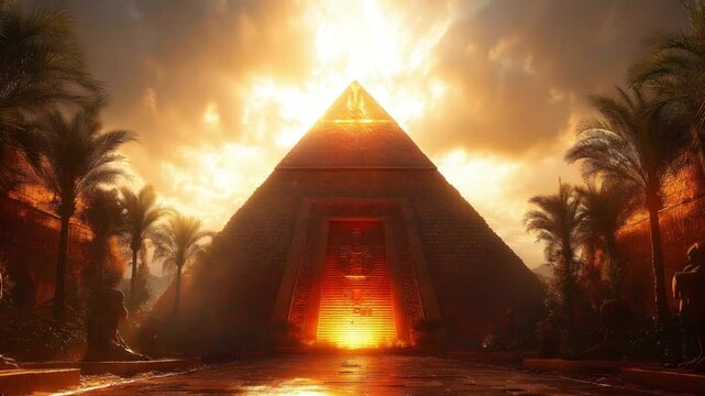 A majestic pyramid glows at sunset. Palm trees flank a stone path leading to its luminous entrance, guarded by ancient statues. The scene evokes mystery and ancient power.