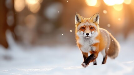 A majestic fox strolling through the bright, snowy landscape, exuding a sense of tranquility and confidence beneath the softly falling snowflakes and golden light.