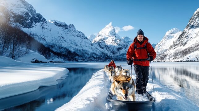 Two people guide a sled drawn by enthusiastic dogs along a frost-lined river, set against towering, snow-laden mountains under a brilliant blue sky.