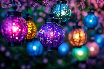 Fototapeta premium A close-up of intricate, hand-painted lanterns hanging from trees. Generative AI