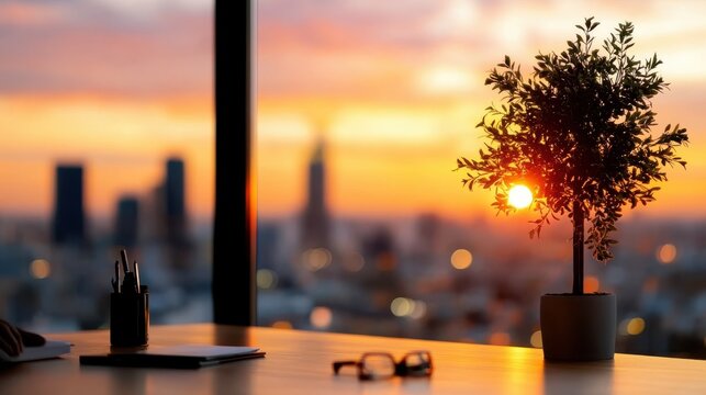 A peaceful office interior gains warmth and vibrancy from the sunset light streaming through large windows, highlighting a small green plant on the desk with a skyline view.