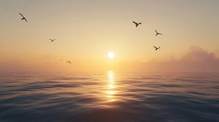 Serene Sunset over Calm Ocean with Silhouetted Birds