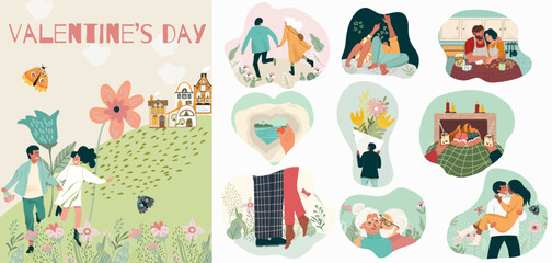 A set of romantic illustrations. Man and woman. Love, love story, relationship. Nature, flowers. Vector design concept for Valentine's Day, hand drawn vector.