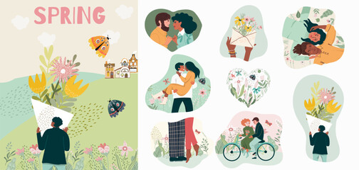 Fototapeta premium Set of cute illustrations with people and spring nature. Spring, bloom, love, relationship. Vector design.