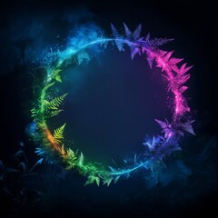 Mystical neon circle of glowing ferns in lush rainbow colors