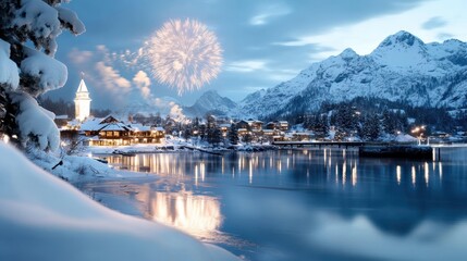 A picturesque alpine village adorned with snow celebrates New Year with dazzling fireworks, reflecting beautifully on a serene lake surrounded by majestic mountains.