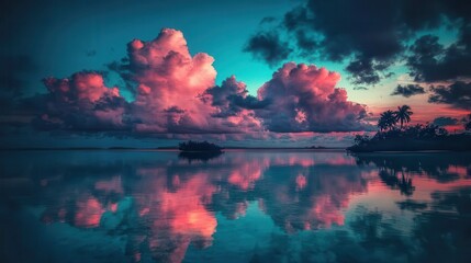 Vibrant sunset reflected in calm ocean water, tropical island silhouette.