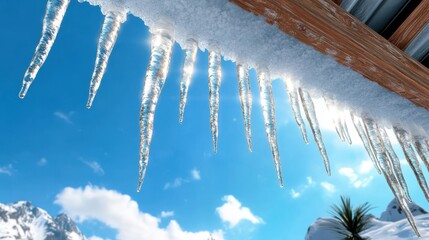 Icicles glisten on the edge of a wooden roof, with a panoramic view of snow-capped peaks under a clear sky, depicting a scene of natural tranquility and beauty.