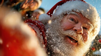 An enchanting close-up of Santa Claus's face as he beams with joy and laughter amidst falling snow, embodying the magic and wonder of the holiday season.