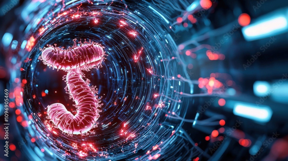 Poster futuristic cellular structures swirling in luminous digital matrix