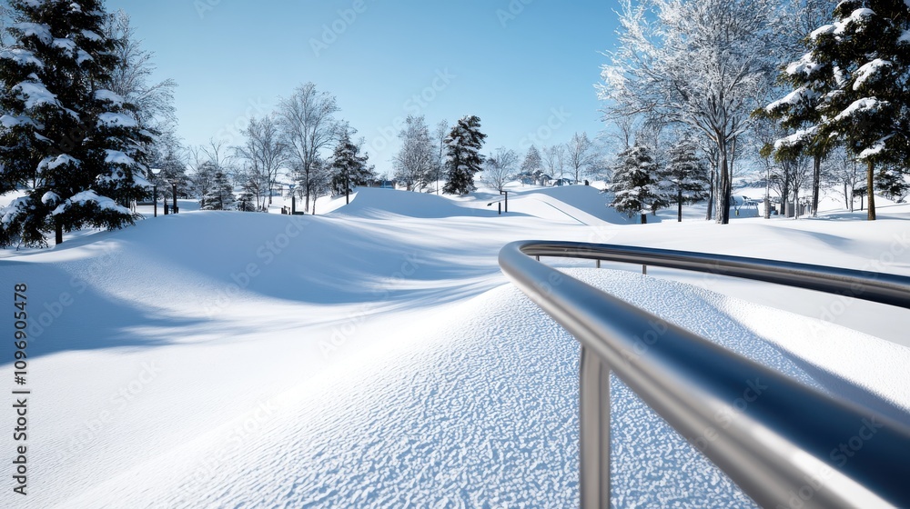 Poster a pristine winter scene showcasing untouched snowy fields and a sleek rail stretching across into th