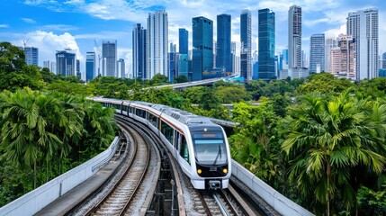 Naklejka premium Futuristic Elevated Monorail System Gliding Through Lush Urban Cityscape