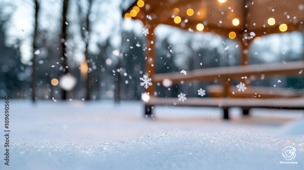 Poster close-up view of delicate snowflakes as they descend in front of a warmly-lit gazebo nestled in a sn