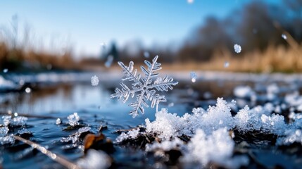 A single, intricately patterned snowflake takes center stage in this macro image, lying on an icy ground with other smaller flakes in the background of a winter scene.