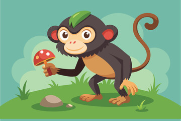 a monkey poking a mushroom with his toe 