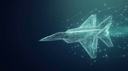 Abstract digital jet fighter plane flying in the sky.