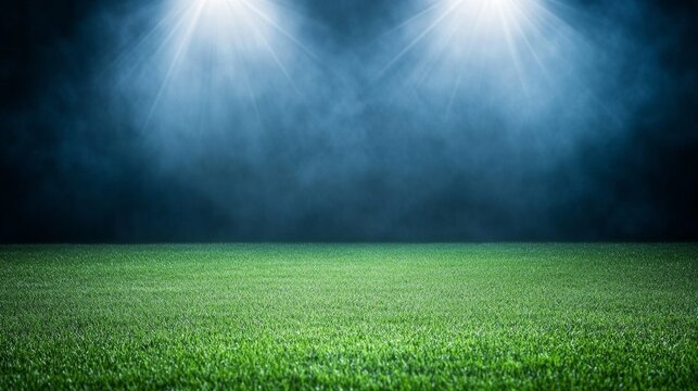 Illuminated soccer stadium with lush green field for night matches