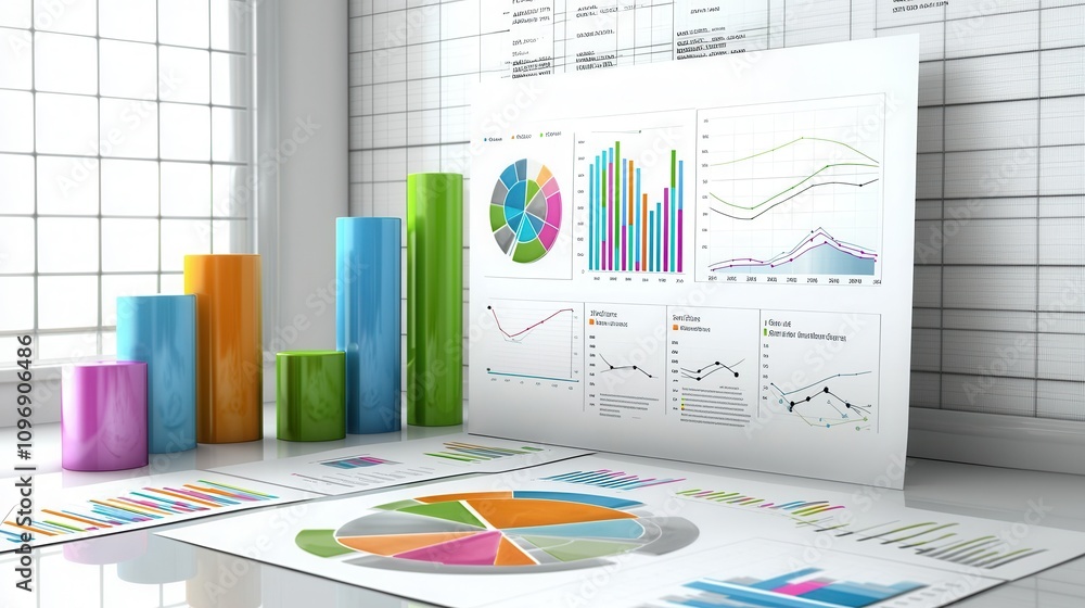 Poster colorful financial data and analytics visualizations on a modern office desk background