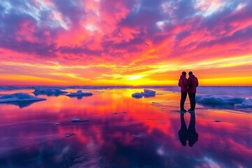 Vibrant Sunrise Over Frozen Lake Michigan. AI generated illustration