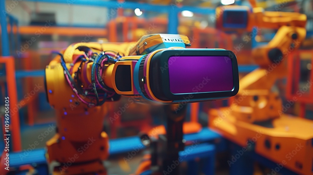 Poster engineer using vr glasses to control robot in a modern factory setting