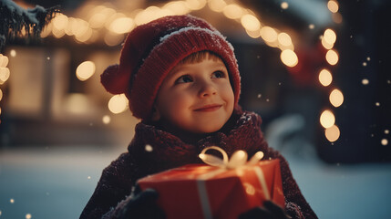 A child in a red winter outfit holding a gift, surrounded by glowing holiday lights in a snowy evening scene.