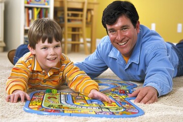 Fototapeta premium Father and son playing board game in cozy living room family fun indoor activity warm environment joyful moment