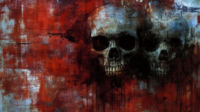 Abstract artwork of two skulls against a textured, rusted surface.