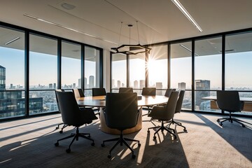 Spacious Modern Business Office with Morning Light and City Views for Collaborative Workspaces