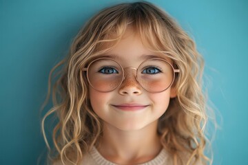 Fototapeta premium a joyful little girl with curly blond hair and oversized eyeglasses, her playful expression captured against a solid blue background, radiating innocence and charm