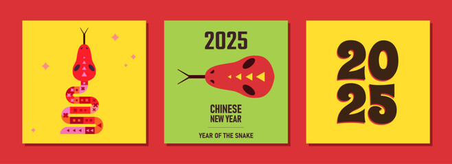 Chinese new year 2025 year of the Snake. abstract cards, banners. Red traditional Chinese vector designs. Lunar new year concept, linear abstract modern, geometric modern design