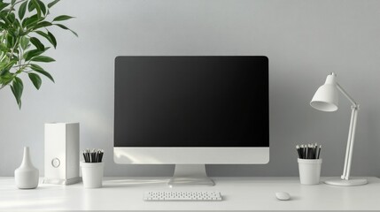 Minimalist White Workspace: Computer, Desk, and Accessories