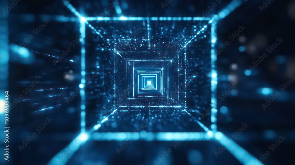 Poster an abstract 3d rendering of a blue, glowing square tunnel that recedes into the distance.