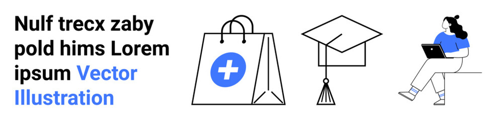 Shopping bag with cross icon, graduation cap, person using laptop. Ideal for e-commerce, online learning, remote work, digital business, modern lifestyle, online services development. Landing page