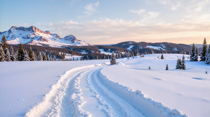 Open snowy landscape with a curved trail and mountains under a pastel winter sunset