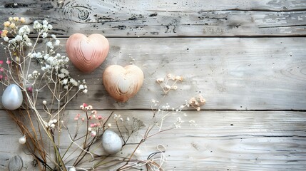 Easter flat lay decorations, rustic wood background