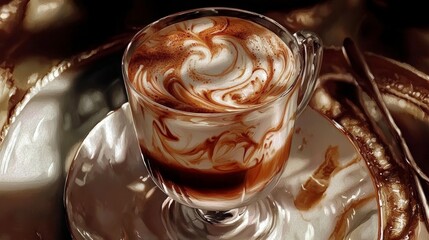 Creamy Coffee Swirl in Glass Cup on Saucer
