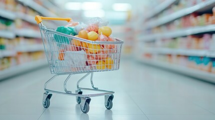 Shopping cart filled with vibrant grocery products awaits a busy shopper in a modern supermarket aisle