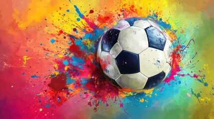 A soccer ball explodes in a colorful abstract paint splatter background.