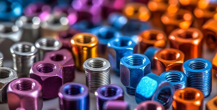 Colorful anodized aluminum parts, including nuts and bolts, are displayed in close-up. The vibrant colors of the metal components add vibrancy to the background.