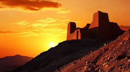 Obraz premium Majestic Sunset Over Dramatic Desert Fortress Ruins in Remote Landscape