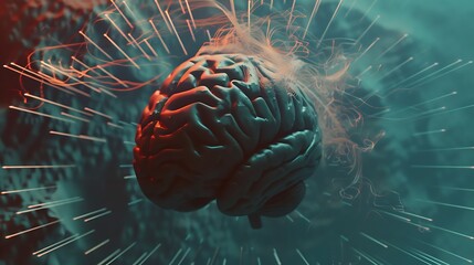  An image of a human brain with digital waves and abstract retro patterns. 