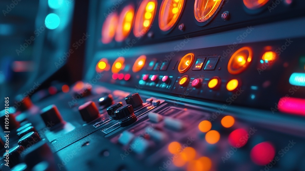 Poster detailed view of control panel in factory setting with illuminated dials