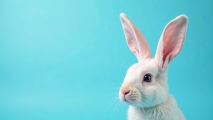 Obraz premium A sweet white bunny with long ears looks off to the side against a bright turquoise background, perfect for Easter or spring-themed designs. Concept of a cute Easter bunny.