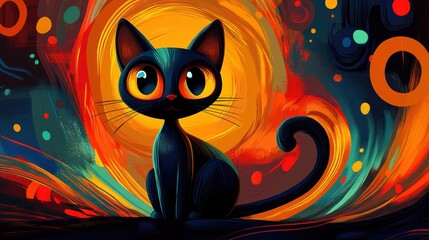 Black Cat Sitting Amidst Vibrant Abstract Colors