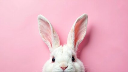 A cute white rabbit's face peeks from above, its long ears framing the image against a bright pink background, perfect for Easter or spring themes. Concept of a playful Easter bunny.
