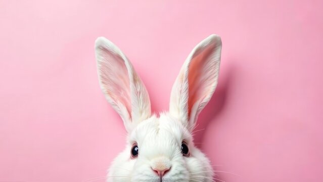 A cute white rabbit's face peeks from above, its long ears framing the image against a bright pink background, perfect for Easter or spring themes. Concept of a playful Easter bunny.